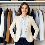 A sophisticated French woman, mid-30s, standing in a beautifully organized, minimalist dressing room, her hands gently touching a collection of high-quality, neutral-toned garments in an open wardrobe. She is dressed in a modest, well-fitted beige blazer and dark classic trousers, exuding calm confidence. The closet is filled with perfectly folded and hung shirts, sweaters, and classic outerwear in black, white, and navy, showcasing a cohesive capsule wardrobe. The lighting is soft and natural, emphasizing clarity and serenity. fully clothed, modest clothing, appropriate attire, professional dress, safe for work, appropriate content, perfect anatomy, correct proportions, natural pose, well-formed hands, proper finger count, natural body proportions, professional photography, high quality, family-friendly.