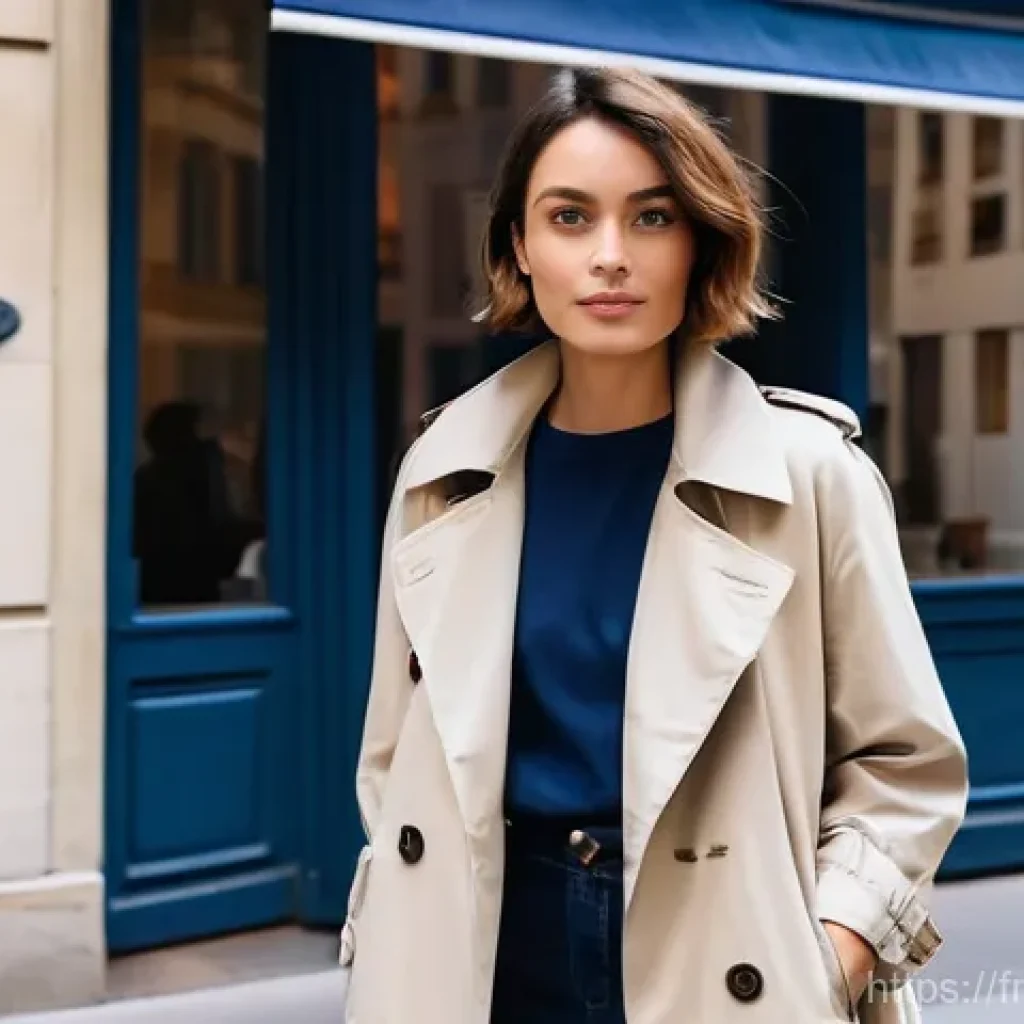 캡슐 옷장과 기능성 의류 활용하기 - **A versatile Parisian Trench Coat Look:** A sophisticated young woman, aged 25-35, with a chic bob ...