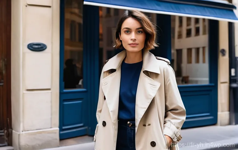 캡슐 옷장과 기능성 의류 활용하기 - **A versatile Parisian Trench Coat Look:** A sophisticated young woman, aged 25-35, with a chic bob ...