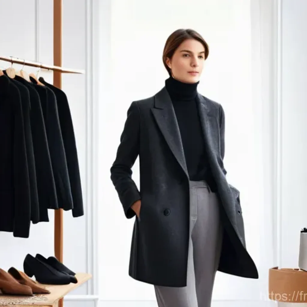 겨울철 캡슐 옷장 필수 아이템 - **Prompt:** A chic Parisian woman in her early 30s, with a serene expression, stands gracefully in f...