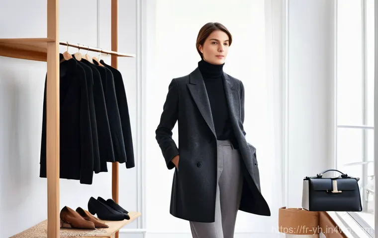 겨울철 캡슐 옷장 필수 아이템 - **Prompt:** A chic Parisian woman in her early 30s, with a serene expression, stands gracefully in f...