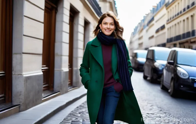 겨울철 캡슐 옷장 필수 아이템 - **Prompt:** A chic Parisian woman in her early 30s, with a serene expression, stands gracefully in f...