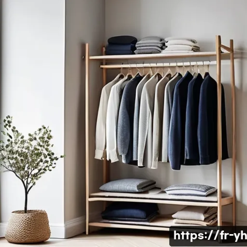 효율적인 캡슐 옷장 만들기 - A stylish minimalist wardrobe setup in a bright, modern French apartment featuring a neatly organize...