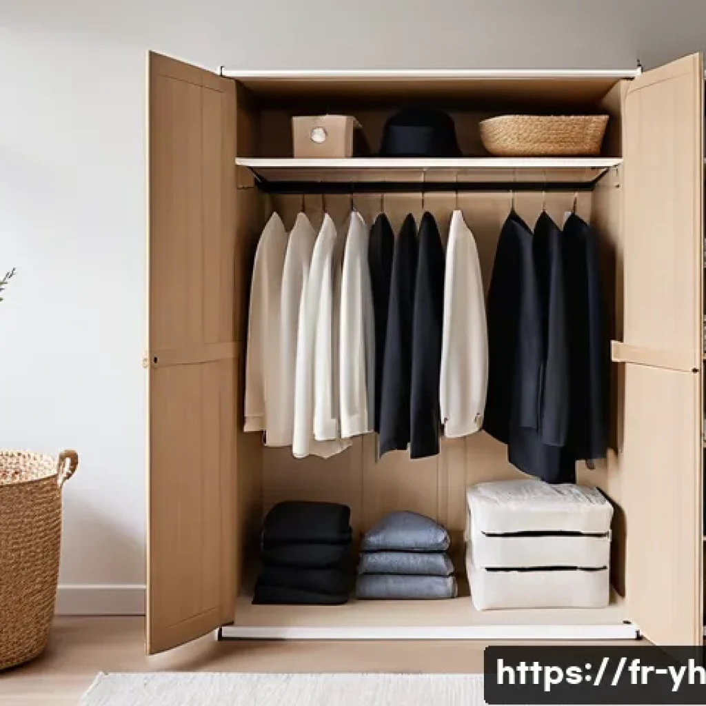 캡슐 옷장 활용을 위한 기초 지식 - A stylish, minimalist capsule wardrobe setup in a modern French apartment closet, featuring neutral-...
