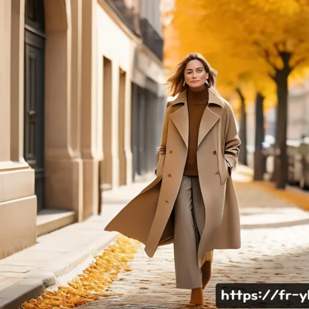 가을철 캡슐 옷장으로 활용할 아이템 - A stylish autumn outfit scene featuring a woman wearing a fine merino wool sweater in a neutral beig...