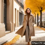 Home 22 가을철 캡슐 옷장으로 활용할 아이템 - A stylish autumn outfit scene featuring a woman wearing a fine merino wool sweater in a neutral beig...