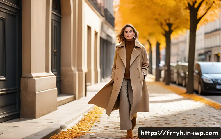 가을철 캡슐 옷장으로 활용할 아이템 - A stylish autumn outfit scene featuring a woman wearing a fine merino wool sweater in a neutral beig...