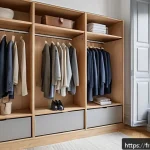 Home 21 캡슐 옷장으로 인생 스타일 찾기 - A stylish minimalist wardrobe setup in a bright, modern Parisian apartment closet: neatly organized ...