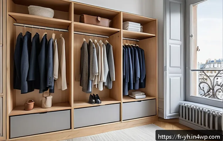 캡슐 옷장으로 인생 스타일 찾기 - A stylish minimalist wardrobe setup in a bright, modern Parisian apartment closet: neatly organized ...