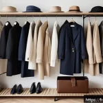 Home 20 여성 캡슐 옷장 필수 아이템 - A minimalist capsule wardrobe scene showcasing a well-organized closet with neatly hung white organi...