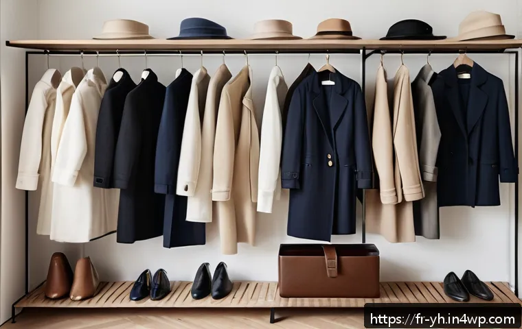 여성 캡슐 옷장 필수 아이템 - A minimalist capsule wardrobe scene showcasing a well-organized closet with neatly hung white organi...
