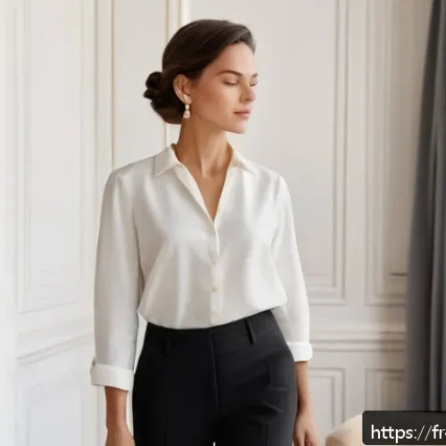 Home 31 캡슐 옷장으로 여성스러운 스타일 연출하기 - A minimalist, elegant French woman standing in a bright Parisian apartment wearing a crisp, white hi...