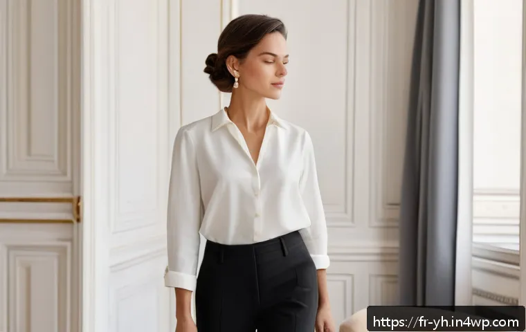 캡슐 옷장으로 여성스러운 스타일 연출하기 - A minimalist, elegant French woman standing in a bright Parisian apartment wearing a crisp, white hi...