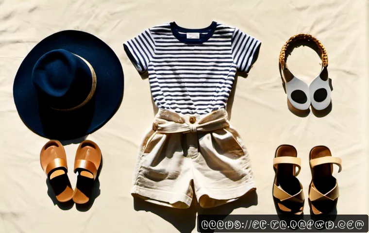 여름철 캡슐 옷장 구성 아이디어 - Photorealistic overhead flat lay of a French summer capsule wardrobe arranged neatly on pale linen: ...